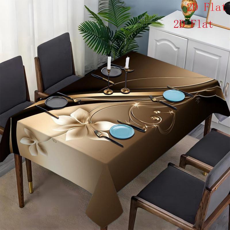 2D Flat 1pc-fashionable Brown Rectangular Tablecloth, with Golden Abstract Swirl Pattern-easy To Clean, Reusable Polyester Fabric, Suitable for Restau