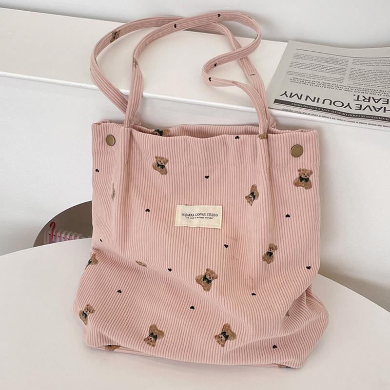 Вельветовая сумка-тоут с мультяшным принтом медведя, большой вместимости, ручная, на плечо, подмышку розовый