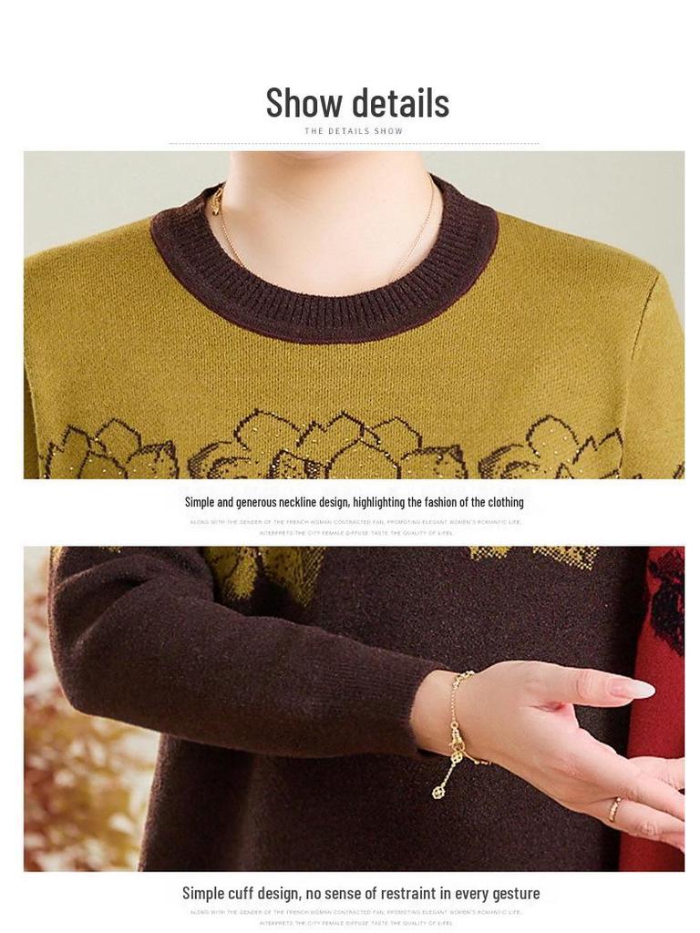 Autumn/Winter Plus Size Wool Pullover for Middle-aged and Elderly Women - Round Neck, Long Sleeve Sweater