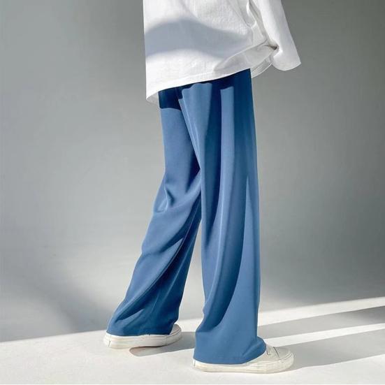Summer Men Pants Solid Color Elastic Waist Anti-wrinkle Draping Wide Leg Trousers Streetwear