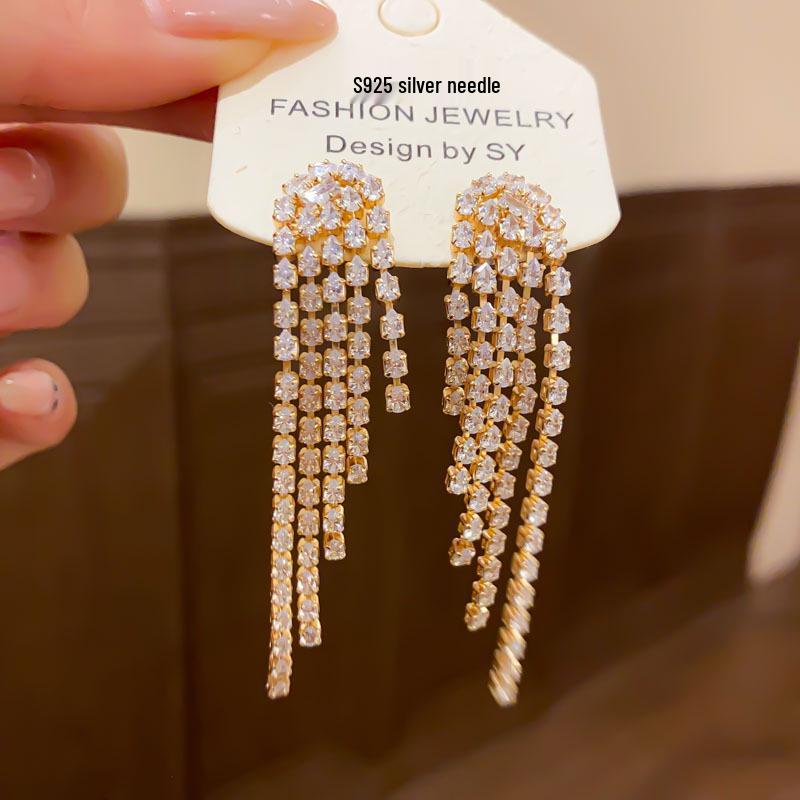 European & American Silver Needle Zircon Water Drop Tassel Earrings - Fashionable, Versatile, High-End Studs for Women