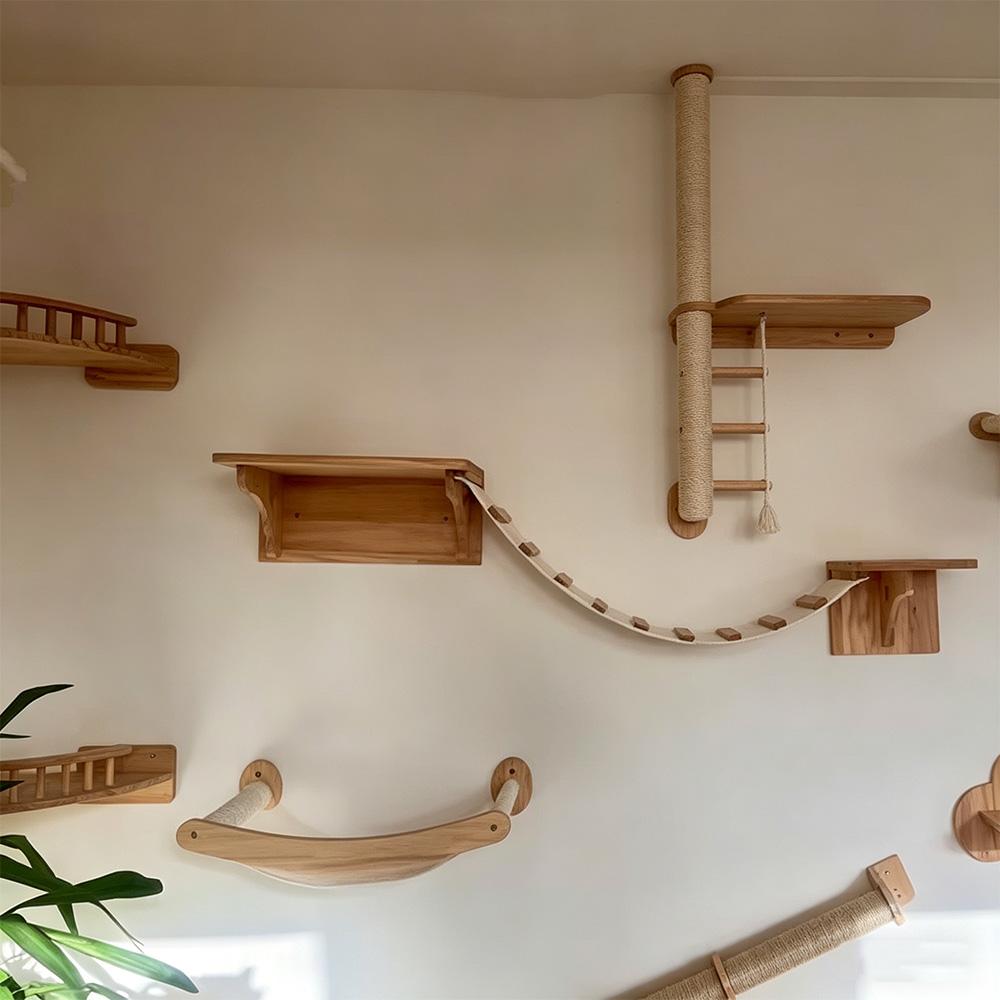 Cat Climbing Shelves Tree Cat Hammock Wall Mounted Tower Hand Woven Cat Wall Hanging House Macrame Detachable Steps & Platform