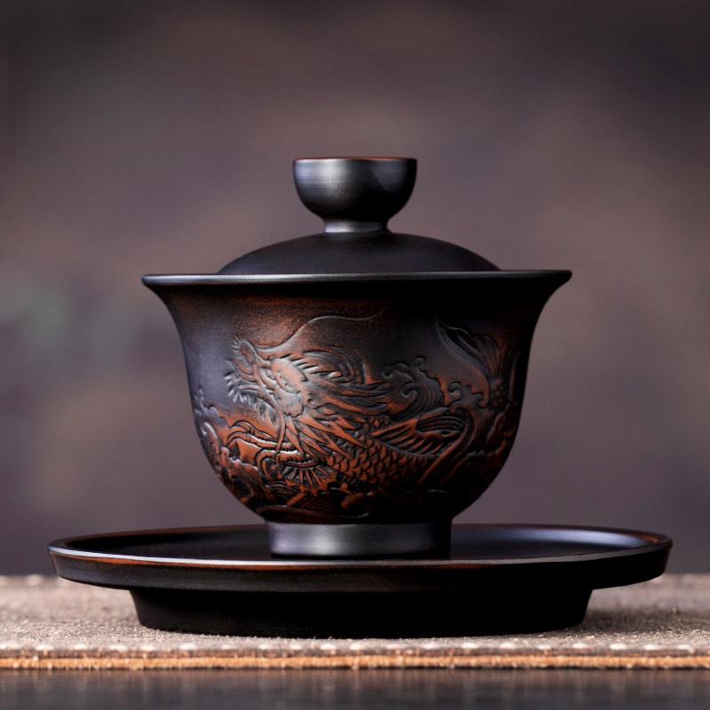 

180ml Jianshui Clay Purple Pottery Vintage Gaiwan Ceramic Process Carving Tea Tureen Pigmented Kung Fu Drinkware Tea Bowl
