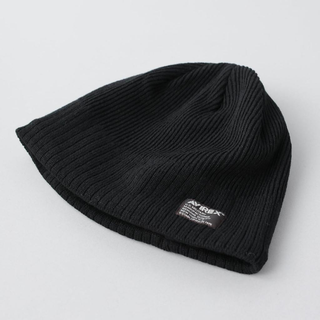 Avirex Knit Cap Size 028 Men's Fleece-Lined Single-Breasted Beanie, Short, Autumn/Winter, Black,