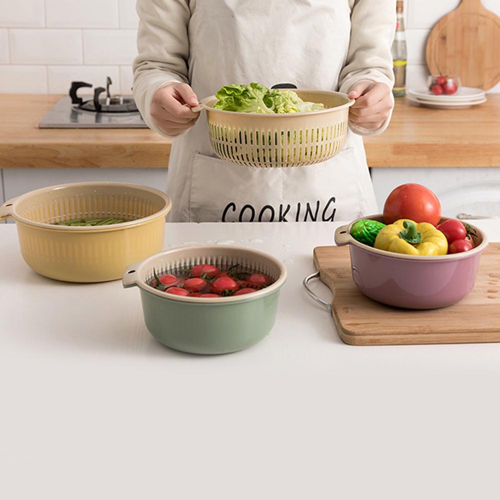 1Pcs Kitchen Plastic Draining Basket Double-Layer Rotatable Multifunctional Vegetable Fruit Washing Storage Basket Nordic Purple