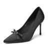 Solid Color Bow High Heels Women's 2025 Spring and Autumn Thin Heels Satin High Temperament Single Shoes Bridal Wedding Shoes