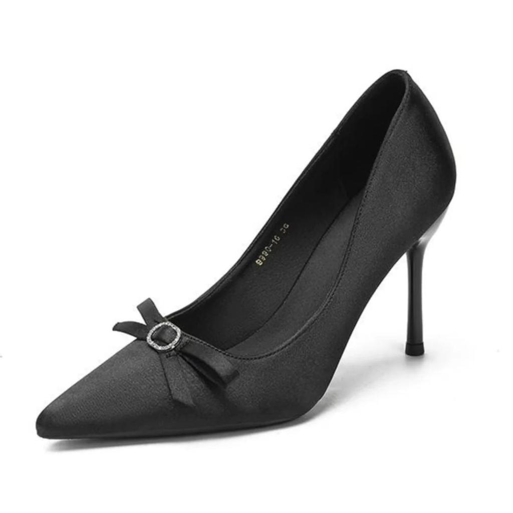 Solid Color Bow High Heels Women's 2025 Spring and Autumn Thin Heels Satin High Temperament Single Shoes Bridal Wedding Shoes