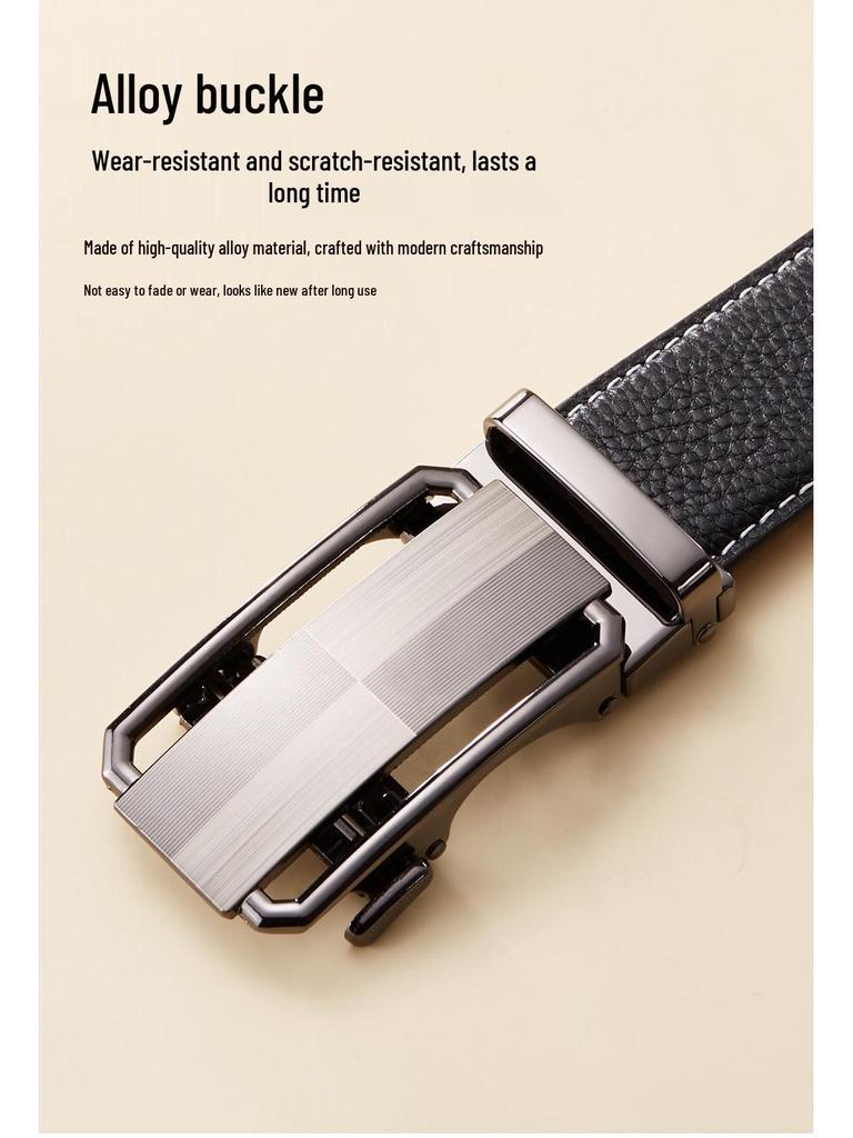 Men's Top Grain Cowhide Leather Belt with Automatic Buckle - Genuine, Casual, Versatile Style