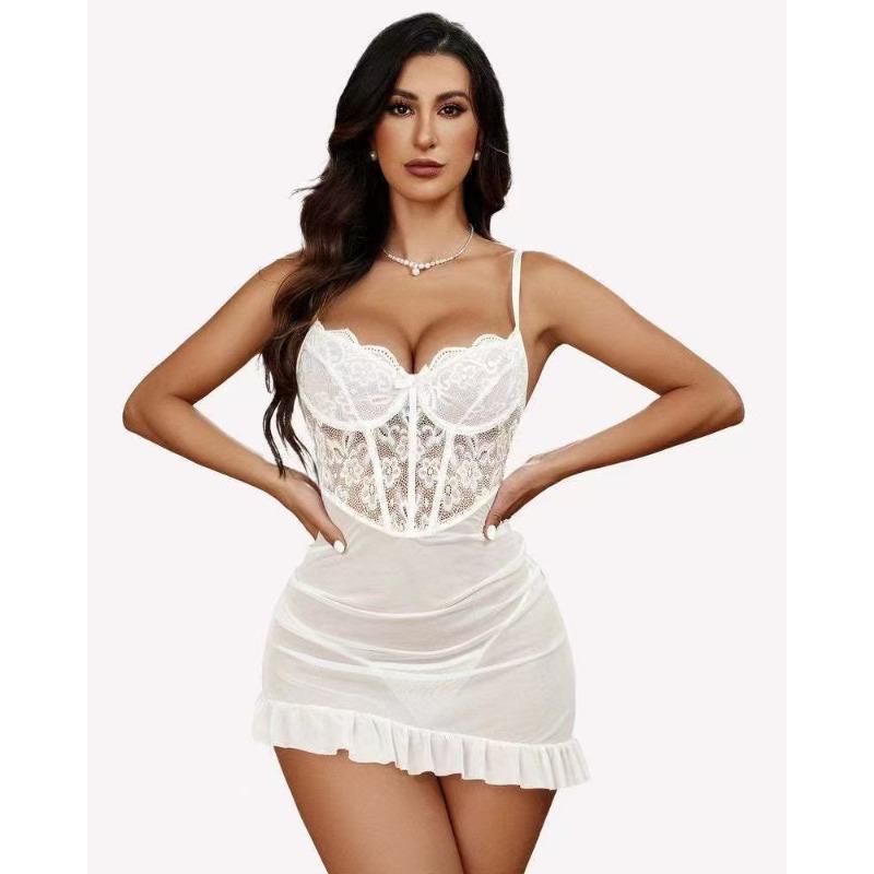 Exquisite Sexy Sleepwear, Transparent Steel Ring Bra Sex Suit Sexy Fairy Lingerie Women's See Through Lace Sleepwear Set