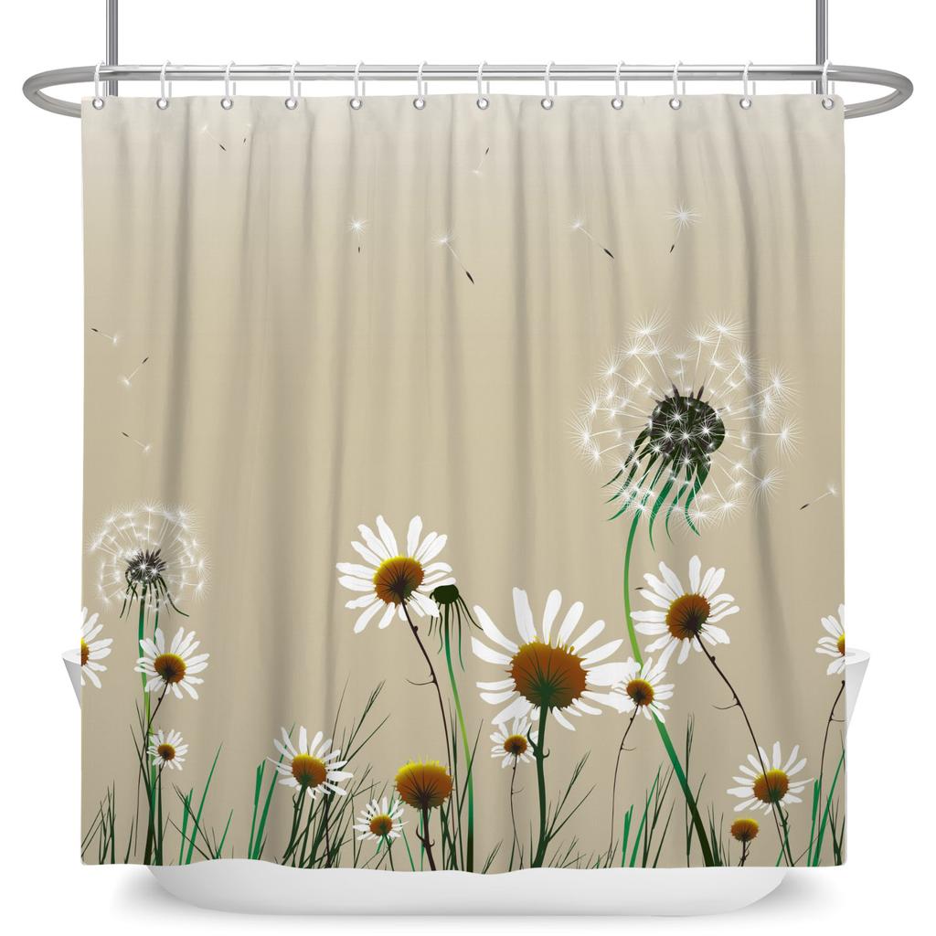 Dreamy Nature Dandelion Shower Curtain With 12 Hooks Cherry Blossom Background Flying Seed Waterproof Polyester Bathroom Curtain