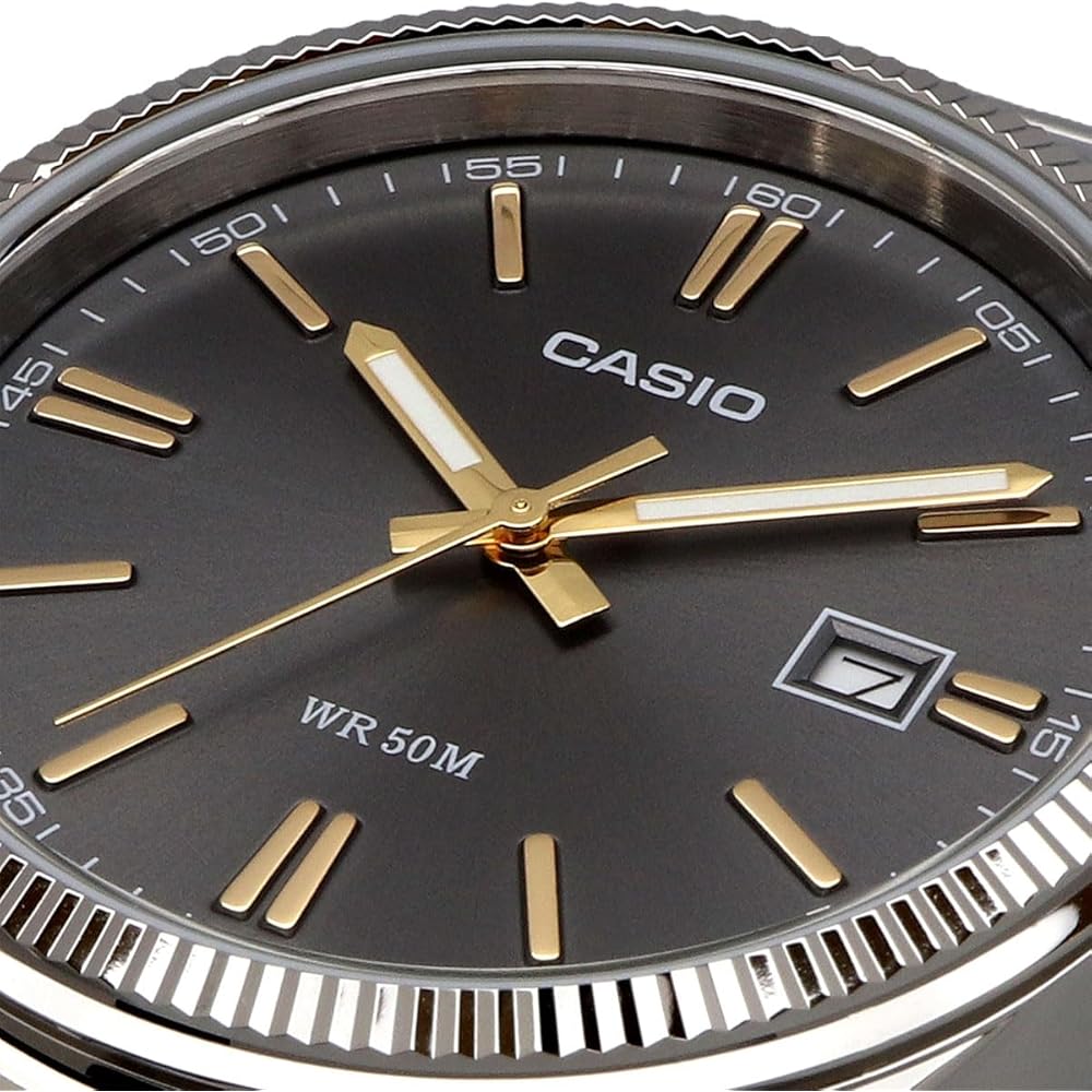 Casio MTP-1302D-1A2V Analog Quartz Men's Watch Silver Metal Band Dark Gray Dial Gold Index