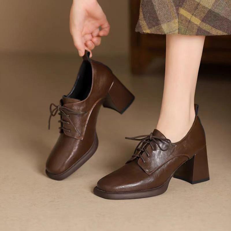 Retro style square head lace-up deep mouth leather shoes single shoes women's autumn new versatile high heels women's shoes