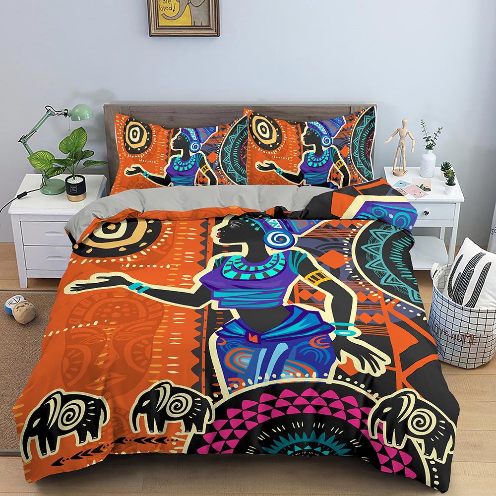 Ethnic Duvet Cover Set African Woman Elephant Bohemian Theme Comforter Cover King Queen Size For Kid Women Polyester Bedding Set