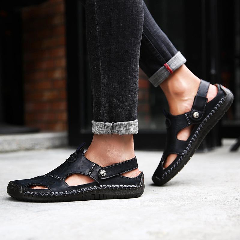 Men's Sandals Men's 2024 Summer New Bag Head Leather Sandals Men's Trendy Beach Shoes Casual Large Size 4748 Hole Shoes