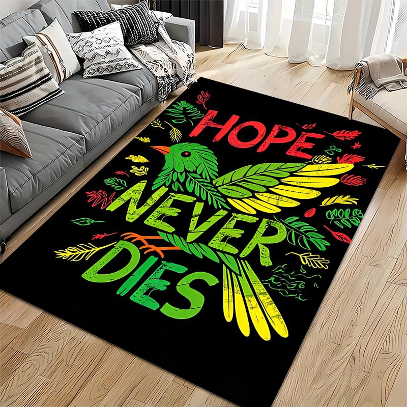 Colorful Artistic Bird Carpet with "Hope Never Dies" Lettering Design Suitable for Use As an Anti-slip for Living Room Bedroom Sofas
