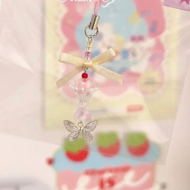 Butterfly Heart Bead Pendant Phone Charm Hangings Rope Cute Phone Chain Strap Bag Decoration Lanyard Keychain Accessory