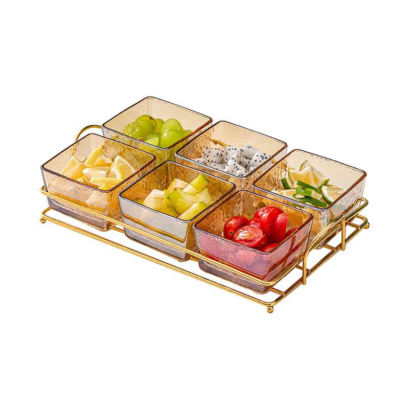 Hammered Amber Partitioned Glass Serving Platter with Gold Stand