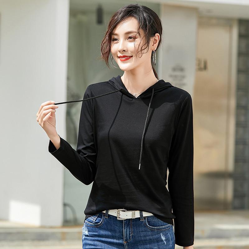 2025 Women's Long-Sleeve Hooded Pullover: Solid Color, Mercerized Cotton, Korean Style Base Layer for Spring & Autumn