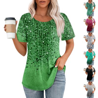 Damenmode Bedrucktes Lässiges Plissee Rundhals Kurzarm T-Shirt Top