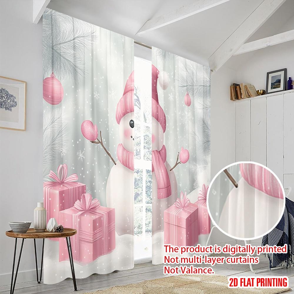 2pcs,2D Plane Printing Curtains Digital Printed Cute Snowman Pink Gifts Versatile Durable Polyester (without Rod) Decorations