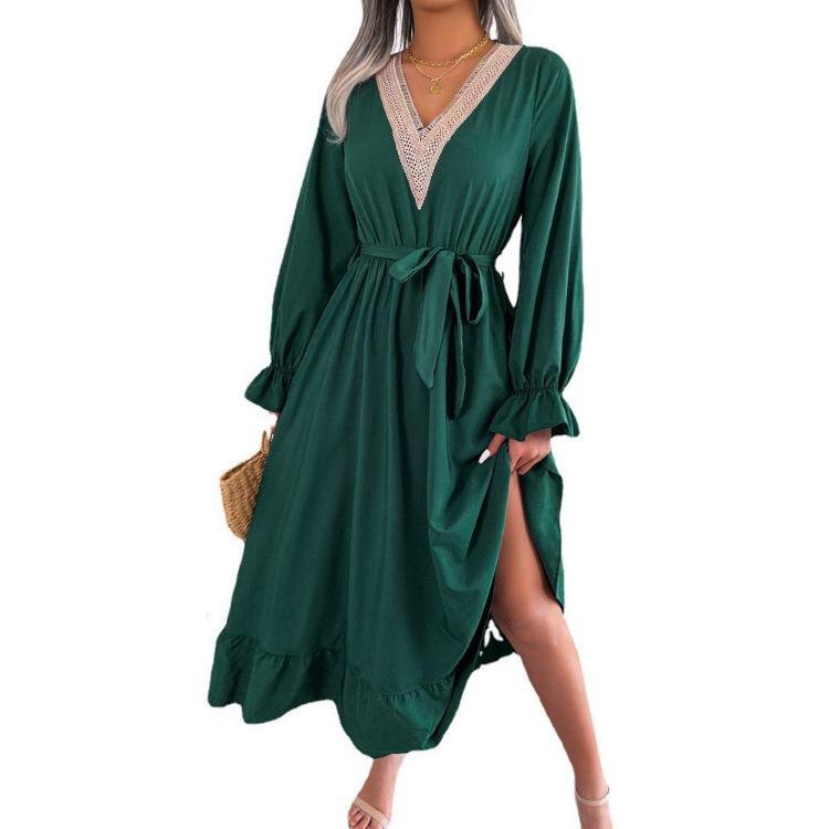Dresses Solid Color Summer Women A Line V Neck High Waist Ruffle Edge Lace Up Spring