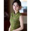 Green new Chinese Hong Kong style sleeveless cheongsam 1011 summer new slim and thin daily wear dress