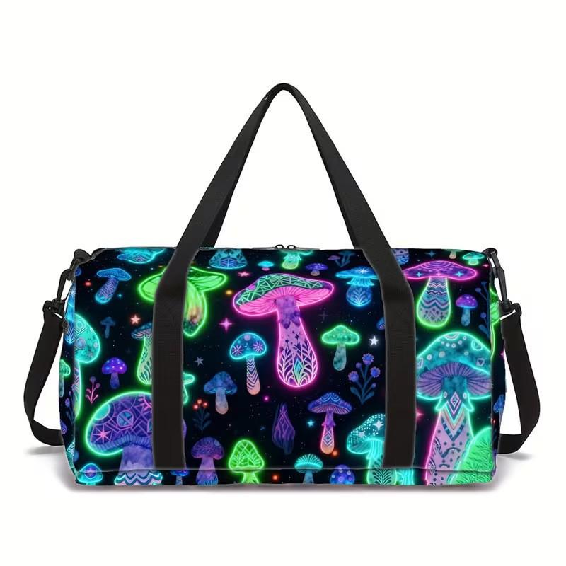 Luxe Gloeiende paddenstoel kat 3D Geprint Grote Capaciteit Reistassen Vatvormige Crossbody Tas Buitensporttassen Sportschool Yoga Tas black