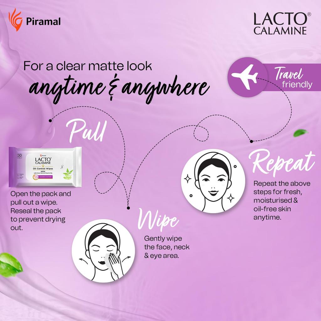 Lacto Calamine Pachete de 2 Șervețele pentru Față pentru Controlul Sebumului 30 Șervețele Fiecare Demachiant Delicat Șervețele Umede cu Neem Aloe Niacinamidă Pentru Bărbați și Femei