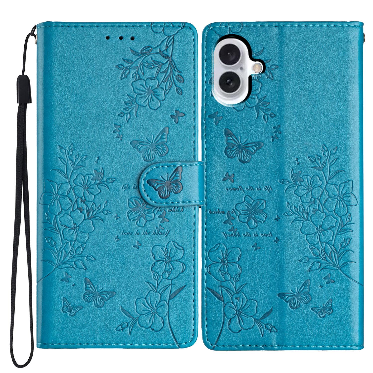 

For iPhone 16 Wallet Case Butterfly Floral Imprint Leather Stand Phone Cover F