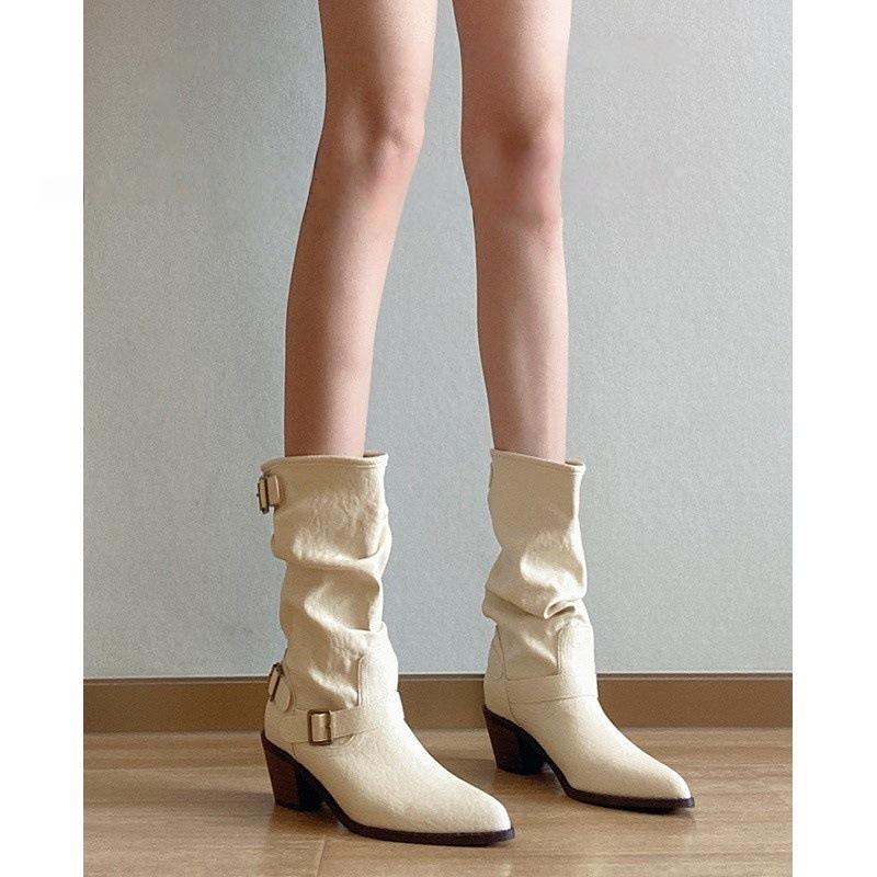 British Martin Boots Women's Thick Heel Skinny Short Western Cowboy Boots White Pointed Pile Boots