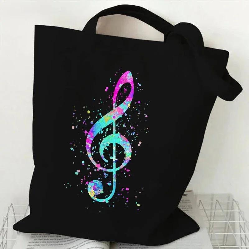 Music Heartbeat Printed Canvas Bag Shoulder Bag Folding Bag Handheld Shopping Bag Large Capacity Durable Eco Friendly Bag