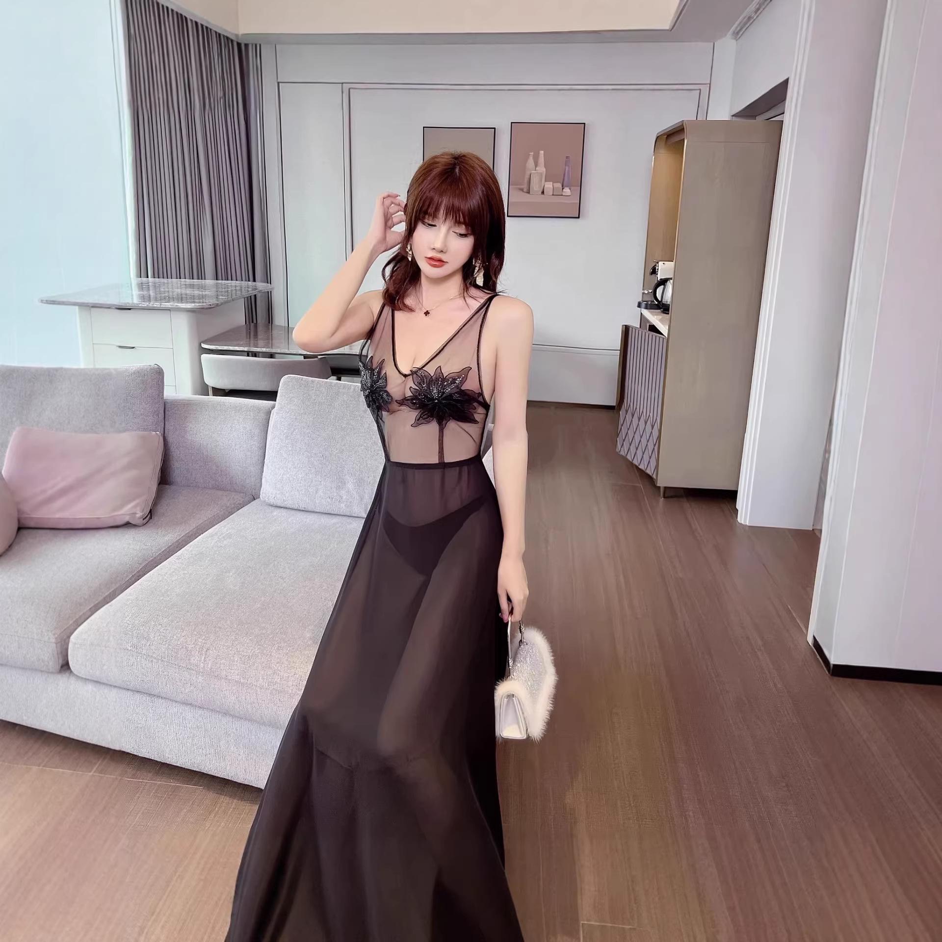 

Женское сексуальное прозрачное вечернее платье из шифона с ручной вышивкой цветов Large чёрный