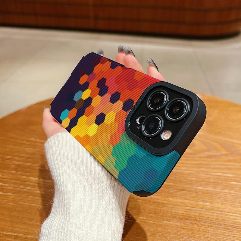 Vertical Grain Leather Shell 3D Colorful Printed Patterned Shockproof Soft Silicone Case with Camera Lens Full Protection for iPhone