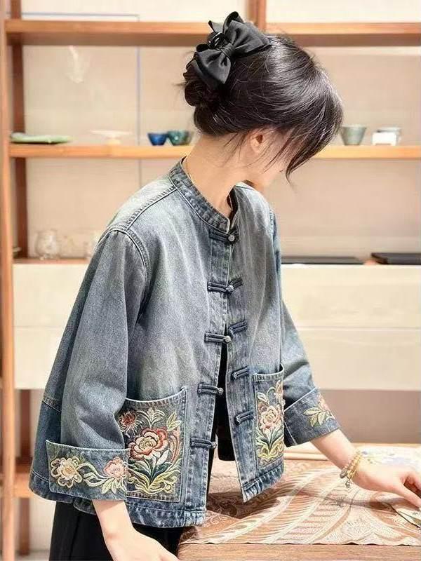2026 Spring/Autumn Elegant New Chinese Style Women's Embroidered Denim Jacket