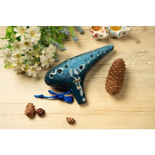 TNG Ocarina, Alto/C/AC, 12-Hole, Emerald, Premium Quality, Glazed Finish with Ocean Wave Pattern (Blue), Strap Included