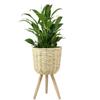 Nordic Rattan Straw Flower Basket with Wooden Stand for Indoor Decoration