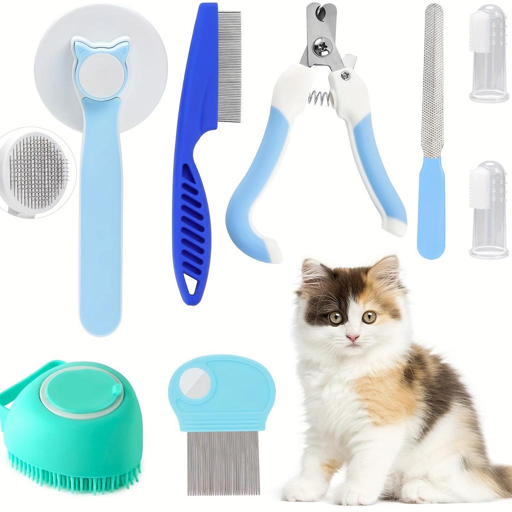 8Pcs Combo Set Cat Brush Beauty Kit with Pet Nail Clippers and Files Pet Self-Cleaning Kit Flea Comb Pet Shampoo Bath Brush Pet