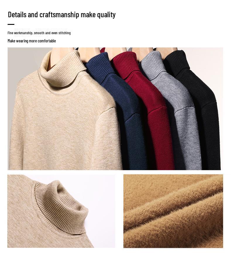 Men's Winter Warm Velvet High Neck Sweater - Solid Color Knit Pullover