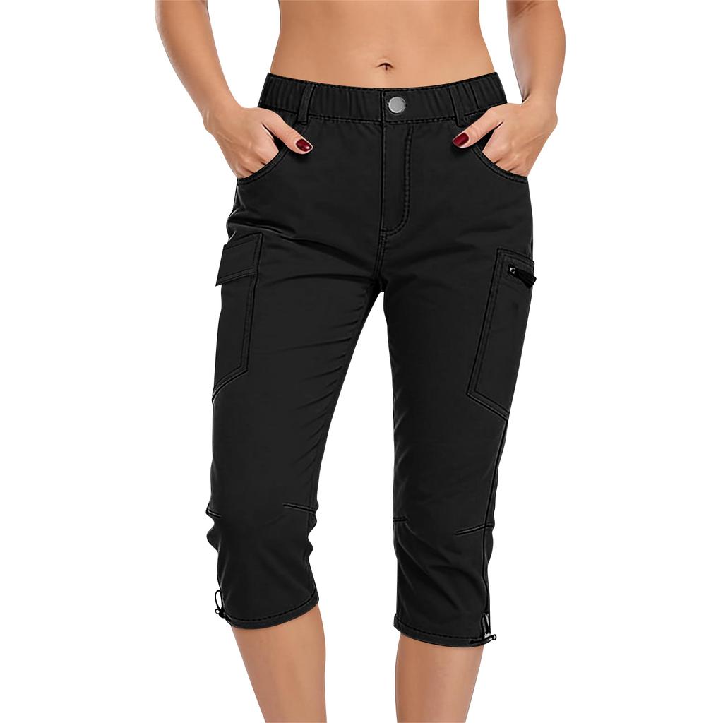 Women’s Stretch Waist Cargo Capri Pants with Multiple Pockets and Adjustable Hem for Outdoor Activities