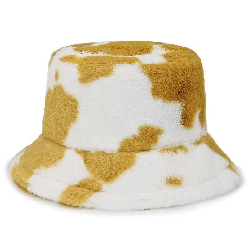 Black and white cow pattern bucket hat autumn and winter plush warm shopping versatile basin hat