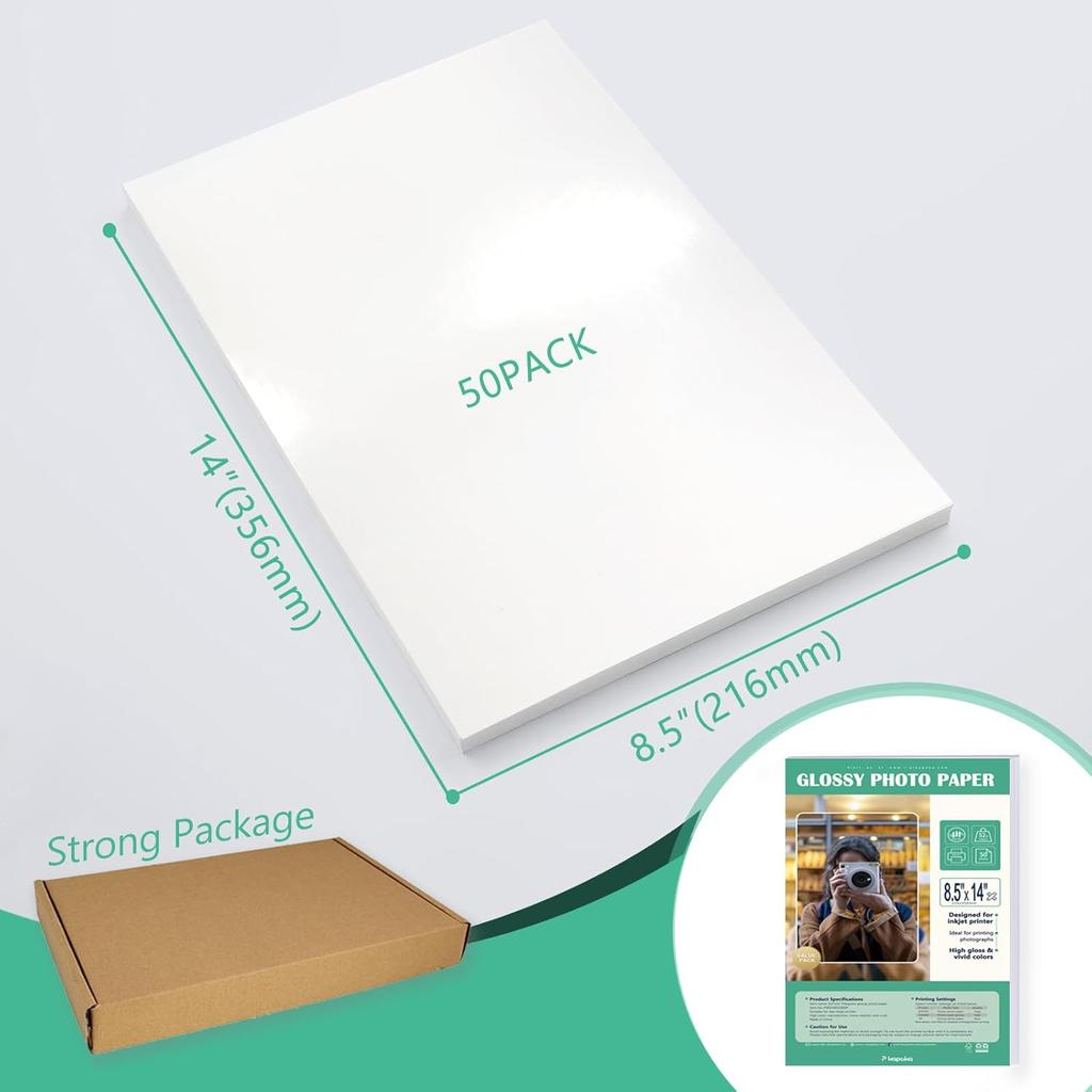 8.5 X 14 Glossy Photo Paper for Inkjet Printer, US Legal Size, 50 Sheets (P8514WS200GP)