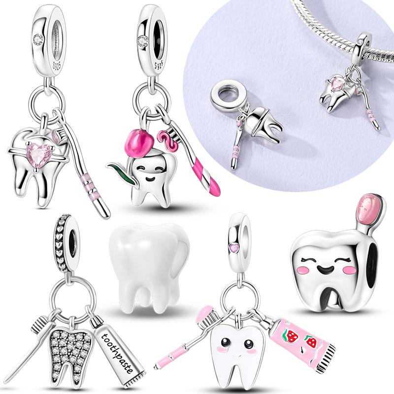 Diapositiva Original de Plata de Ley 925 Colgante Cepillo de Dientes Diente Perla Compatible con Pulsera Original Para Mujeres Joyería DIY Regalo