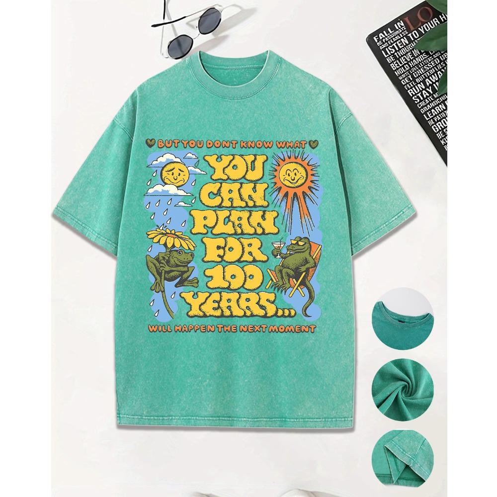 You Can Plan For 100 Years Prints Washed Men T-Shirt Casual Breathable Short Sleeve Soft Cotton Streetwear Loose Top