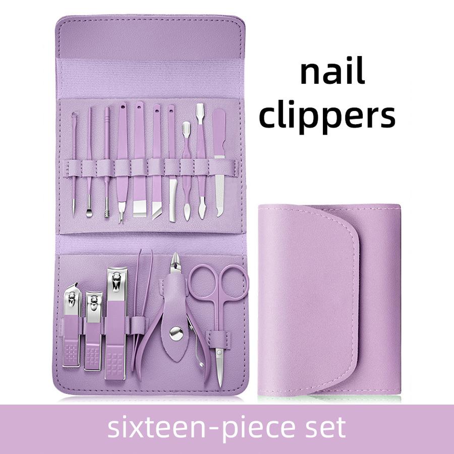 16-Piece Stainless Steel Nail Care Set, Includes Straight Edge Nail File and Ear Pick - Modern Professional Travel Grooming Set фиолетовый