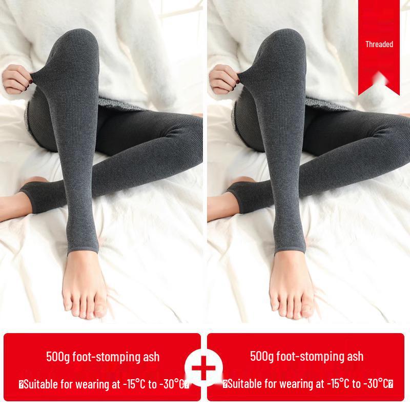 Women's Plus Size Fleece-Lined Ribbed Cotton Footed Tights - Vertical Stripe, Warm Spring/Summer Leggings