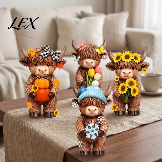 Desktop Decoration for Home 4 Pcs Seasonal Highland Cow Figurines, Spring Summer Fall Winter Gift Besties Colleagues Seasons Scottish Statue,
