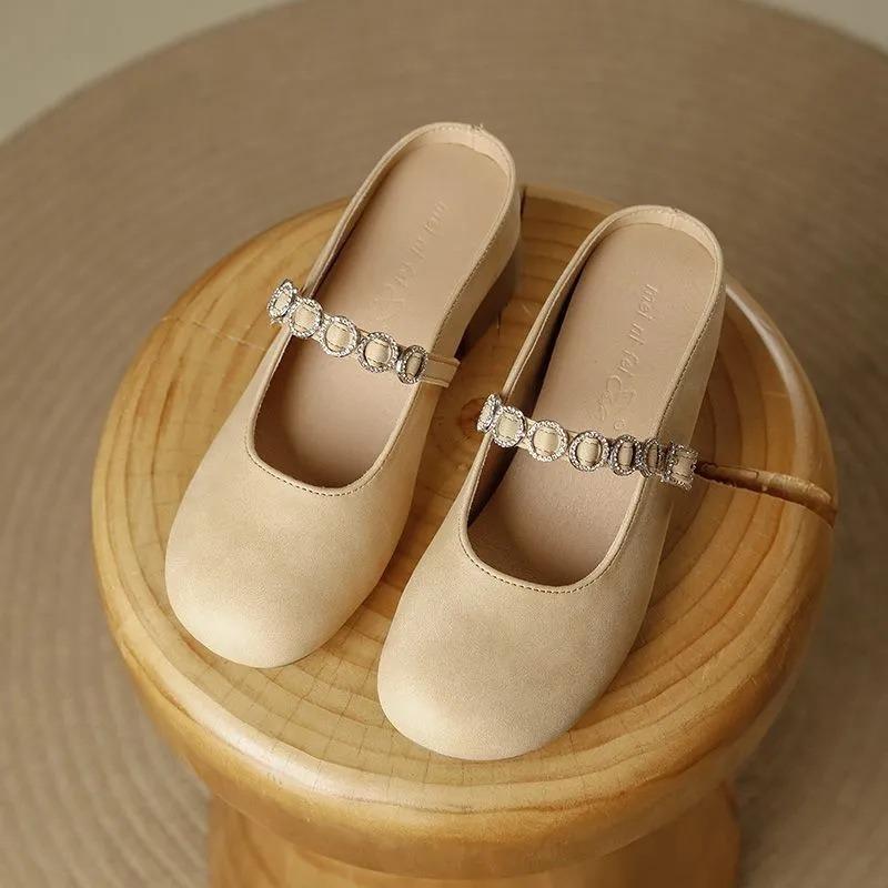 Inner height increase Small retro bag head half slippers Women's summer wear new single shoes Lazy cool slippers