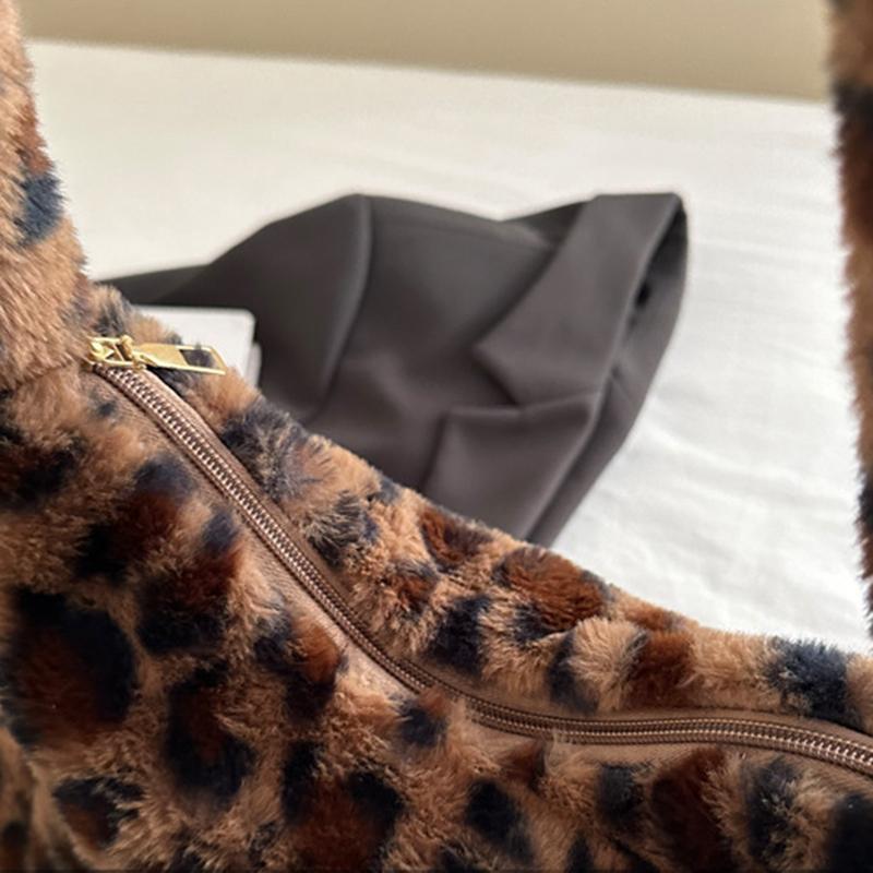 Star Leopard Print Plush Crossbody Bags for Women Furry Large Capacity Girls Shoulder Bag Vintage Tote Handbags Female Purse KTY
