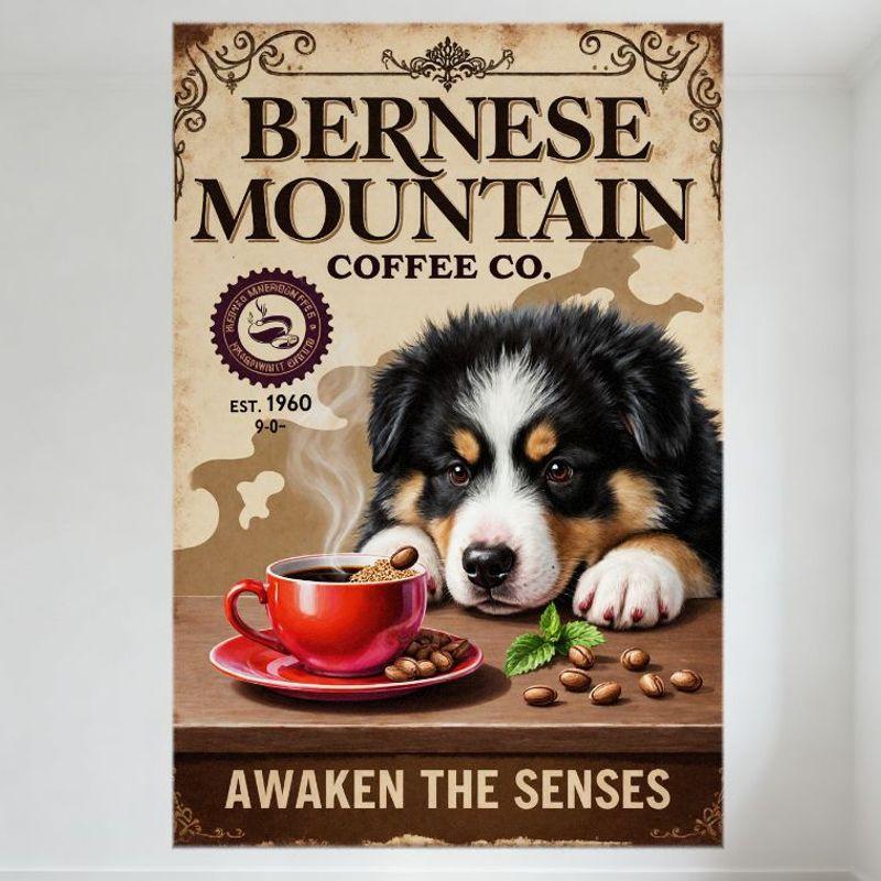 

Vintage Bernese Mountain Coffee Co. Metal Tin Sign, EST.1960, Puppy & Coffee Cup Design, Retro Home Cafe Wall Decor 20x30cm（7.8x11.8inch）