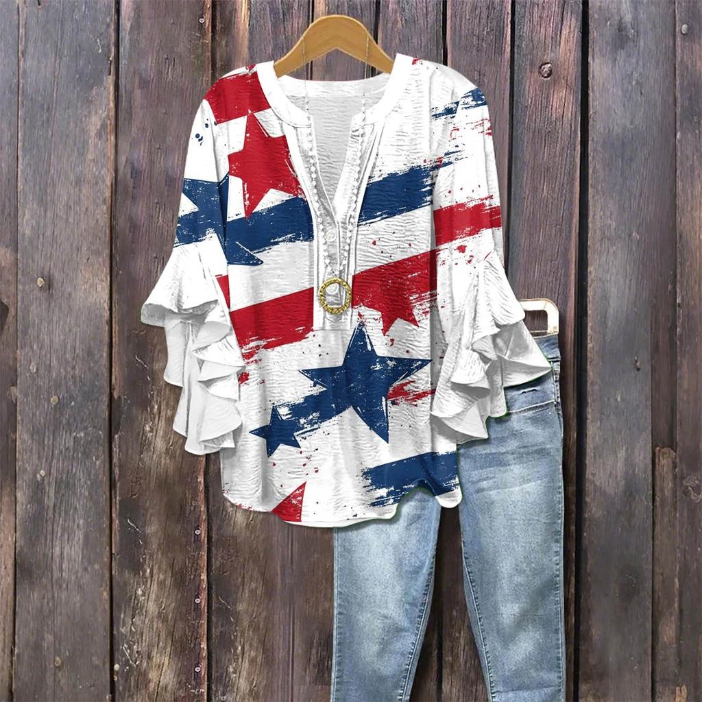 Women's Fashionable Casual Button-Down V-Neck Three-Quarter Sleeve Independence Day Printed Shirt Top